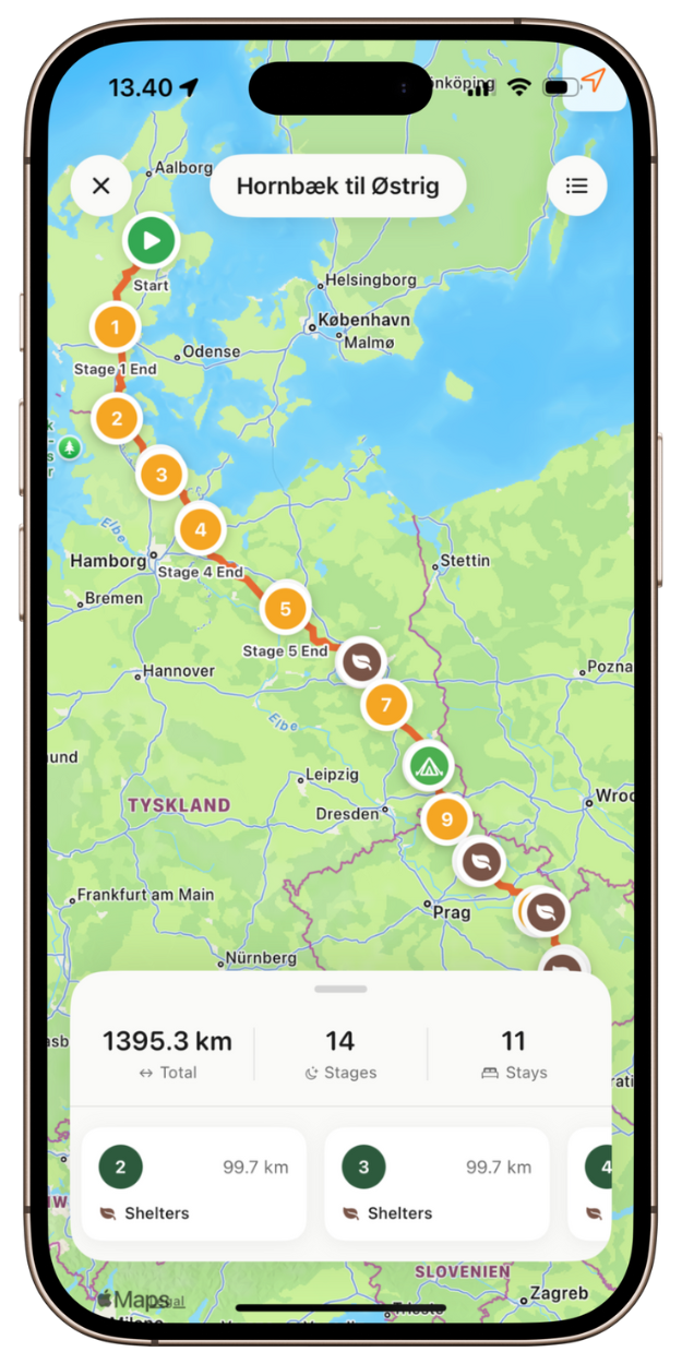 Bikepacking app showing multi-day route with overnight stops
